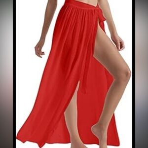 Red festival sarong cover up bikini swimsuit ruched tie side sheer L